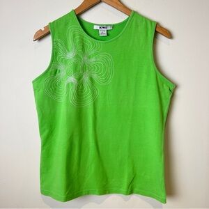 Vintage Y2K Bright Apple Green Tank Top with Embroidered Pattern Size Large